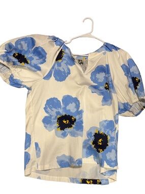 Anne Klein Cream Blouse with Blue Floral Print and Yellow Accents